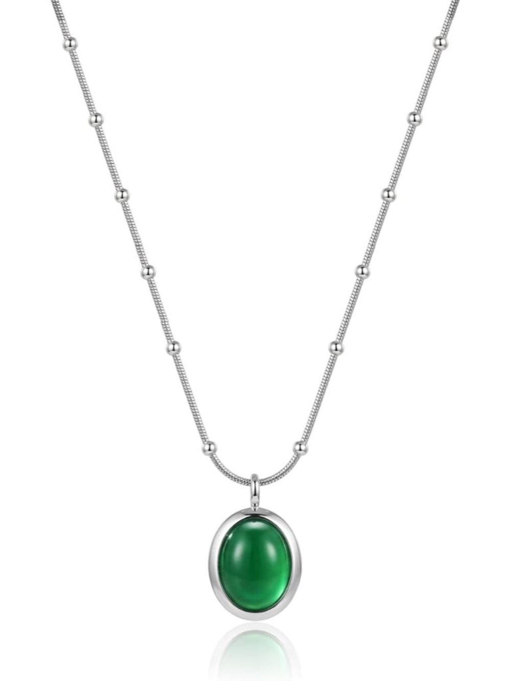 Women's Green Silver Cat Eye Oval Pendant Satellite Chain Beaded Choker Necklace